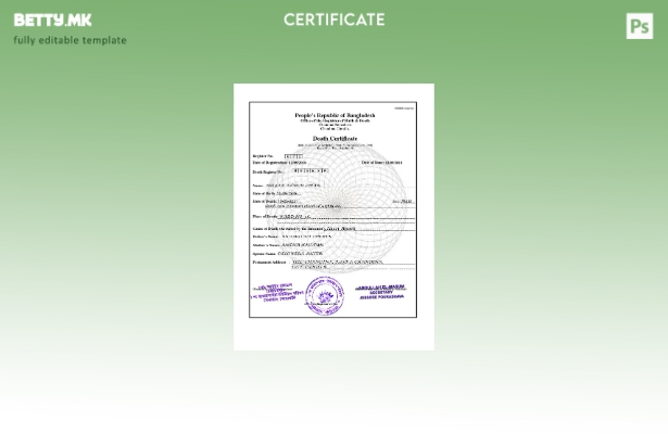 модерен стил Шаблон за потврда за смрт од Бангладеш во формат PSD, шаблон